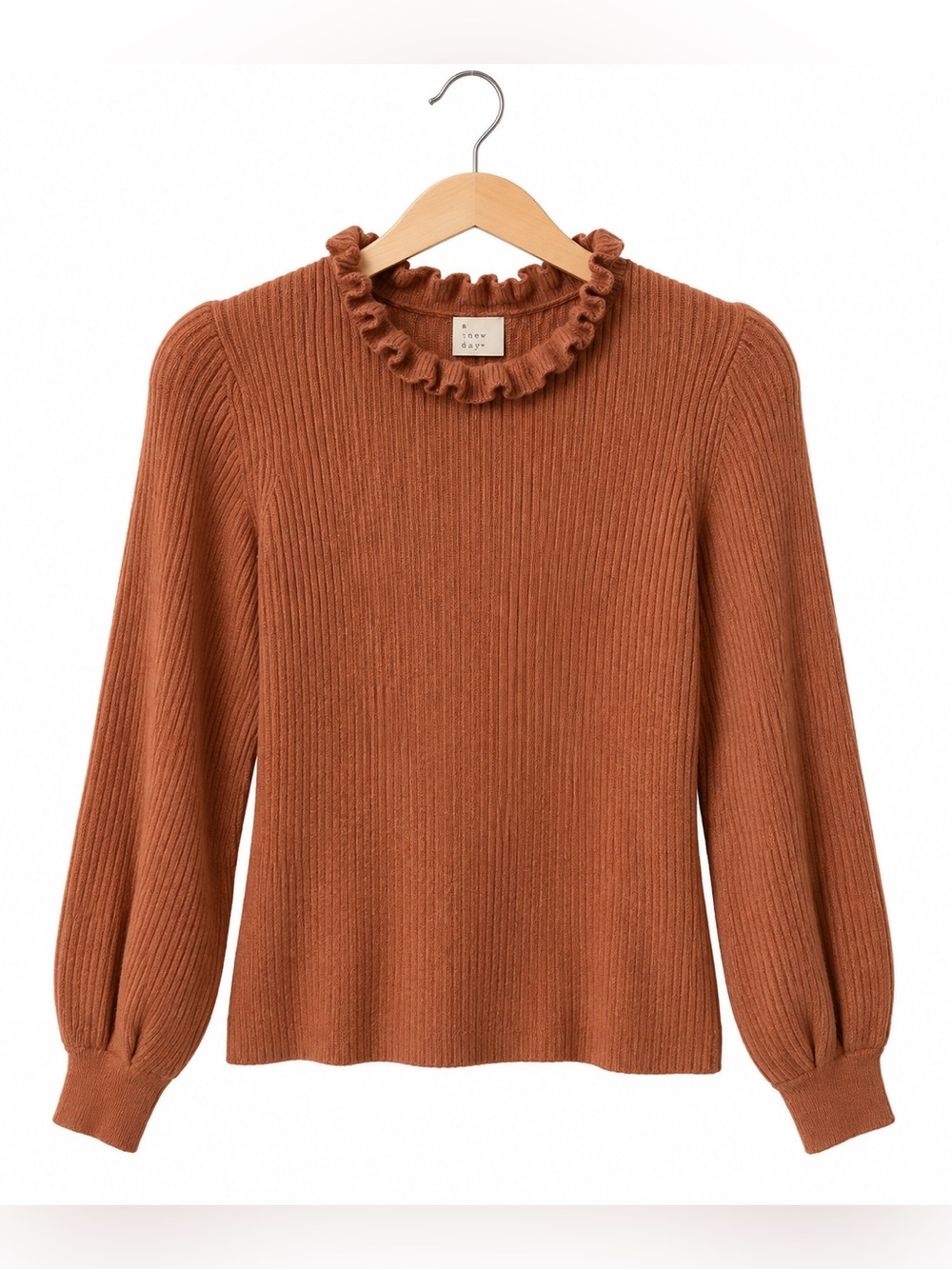 a new day Rust Ribbed Ruffle Neck Sweater